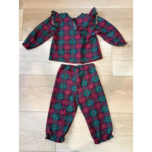 VINTAGE Jackie's Girls 3T Plaid Ruffle Top Pants Set Christmas Tartan Made in US - Picture 13 of 14